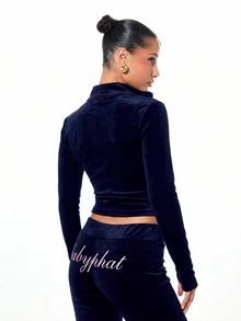 BABYPHAT Long Sleeve High Neck Zip Up Velour Tracksuit Top With Embroidered Logo For Women Luxury Loungewear Winter Comfort - Navy Blue - View 2