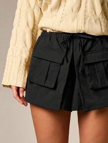 AiiRZ Women Cargo Shorts With Drawstring Waist And Flap Pockets Summer Utility Style Casual Bottoms - Black - View 4