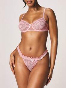 MISSGUIDED Tanga de encaje rosa sexy con detalle de ribete y lazo para la colección de lencería íntima - Rosa - Ver 4