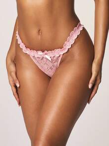 MISSGUIDED Tanga de encaje rosa sexy con detalle de ribete y lazo para la colección de lencería íntima - Rosa - Ver 1