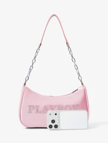 Missguided x Playboy Pink Rhinestone Logo Shoulder Bag Chain Strap Hobo Style Purse - Pink - View 4