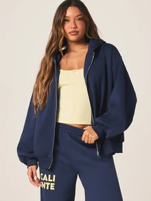 MISSGUIDED 女士海军蓝全拉链连帽衫，饰有 CALIENTE 印花，宽松版型，长袖休闲秋冬卫衣 - 藍色 - 查看 2