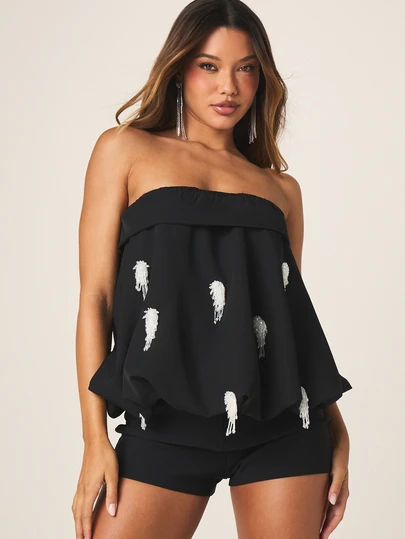 MISSGUIDED 缀饰无肩带抹胸上衣，泡泡下摆和亮片流苏装饰，适合晚宴、节日等场合