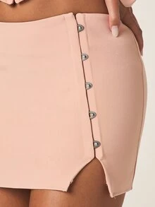 MISSGUIDED Chân váy ngắn ôm sát, cạp cao, màu hồng, có móc cài và khuy cài, chi tiết cúc bên hông, thích hợp cho trang phục công sở/dự tiệc. - Bụi hồng - Xem 5