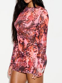 KIZN Mixed Animal Print Long Sleeve Mesh Mini Dress With Round Neckline Fall Winter Bodycon Fitted - Multicolor - View 4
