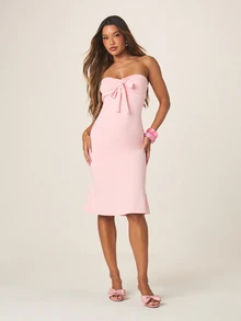 MISSGUIDED 女士无肩带抹胸中长连衣裙，正面系带设计，修身剪裁，适合晚宴、夏季场合 - 粉色 - 查看 4