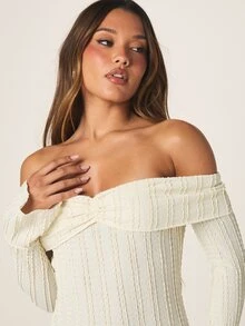 MISSGUIDED 女士露肩长袖褶皱迷你连衣裙，纹理修身派对晚礼服，褶皱抹胸领口，秋冬款 - 杏色 - 查看 2