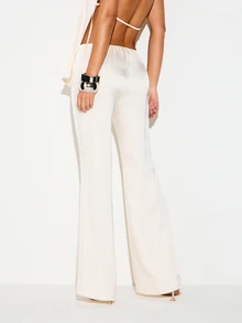 KIZN Women's Luxurious Cream Satin Wide Leg High Rise Puddle Hem Trousers Palazzo Pants For Evening Formal Occasions - Apricot - View 2