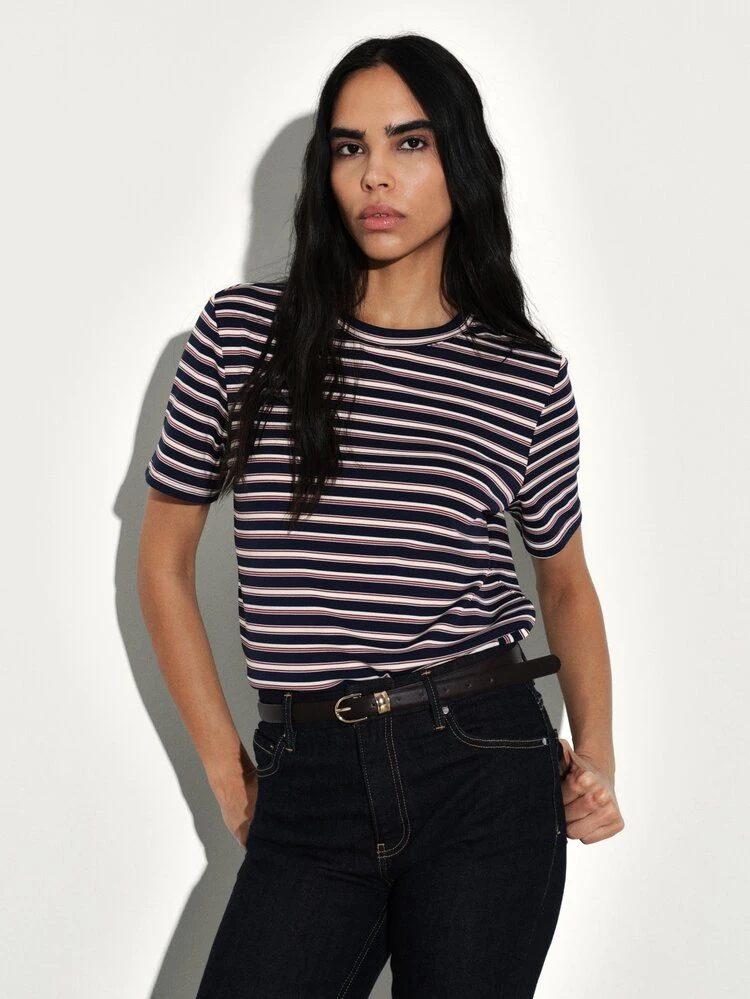 KSTM T-shirt à col rond à manches courtes rayé horizontalement pour femmes, classique, décontracté, pour tous les jours, printemps été