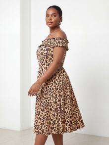 ELLERISSA Plus Size Womens Black Summer Tropical Wedding Guest Holiday Animal Cheetah Print Boho Off The Shoulder Waisted Midi Beach Casual Dress - Brown - View 5