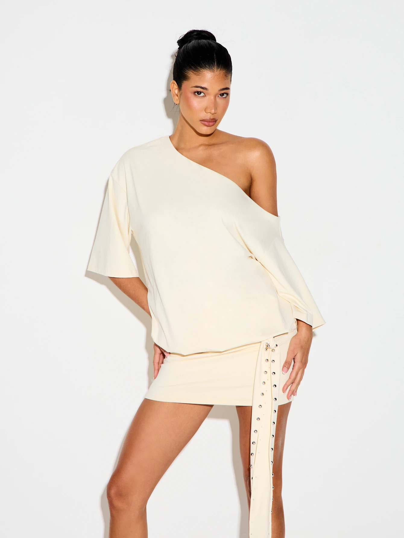 KIZN Off Shoulder Mini Dress With Eyelet Detail