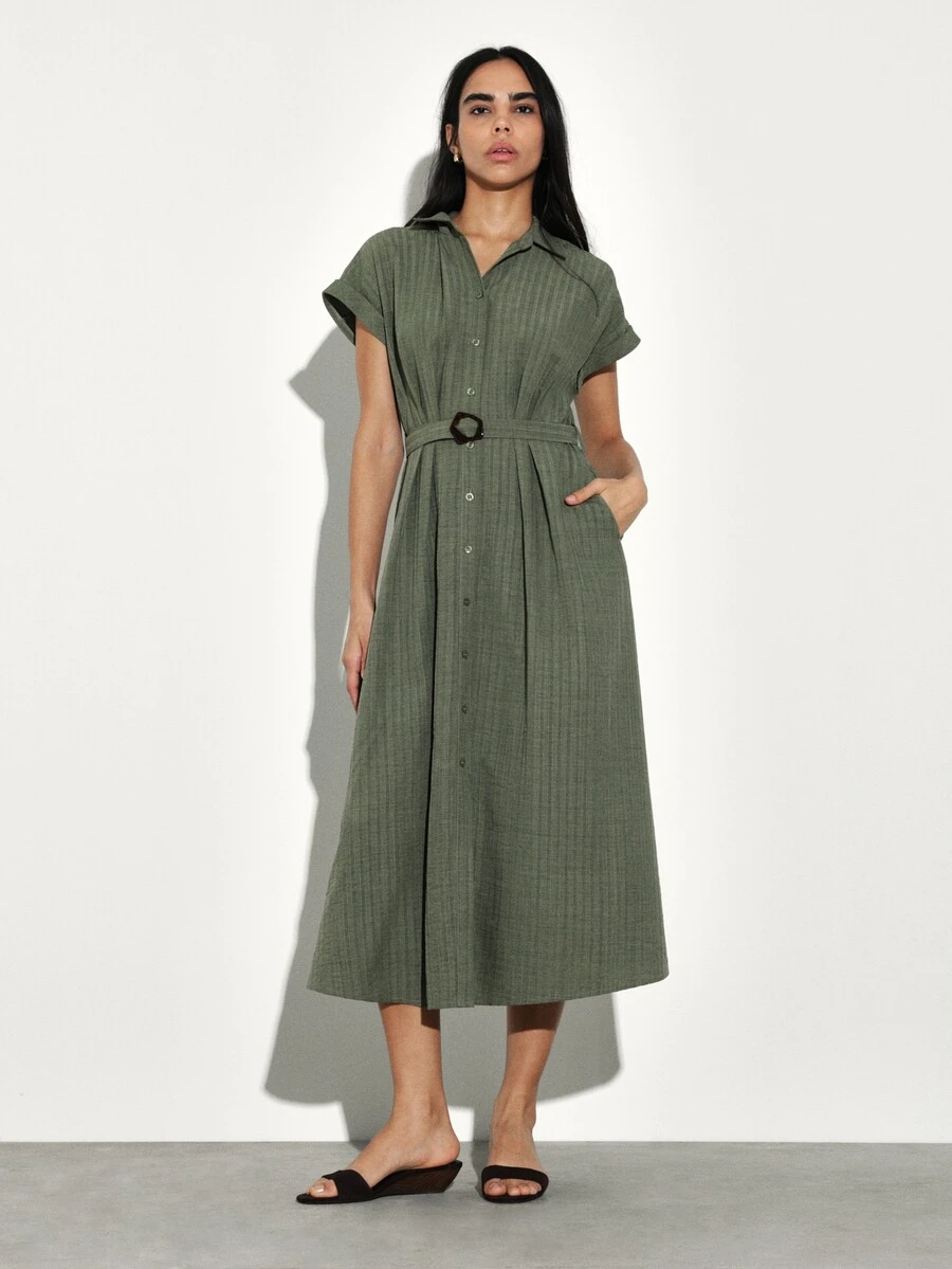 KSTM Women's Olive Green Midi Shirt Dress With Button Front Collar And Belt  Detail Short Sleeve Casual Summer WearMISSGUIDED