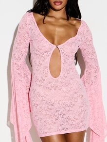 KIZN Lace Keyhole Cutout Mini Dress With Dramatic Flared Bell Sleeves And Deep V-Neck For Date Night Party Events - Pink - View 3