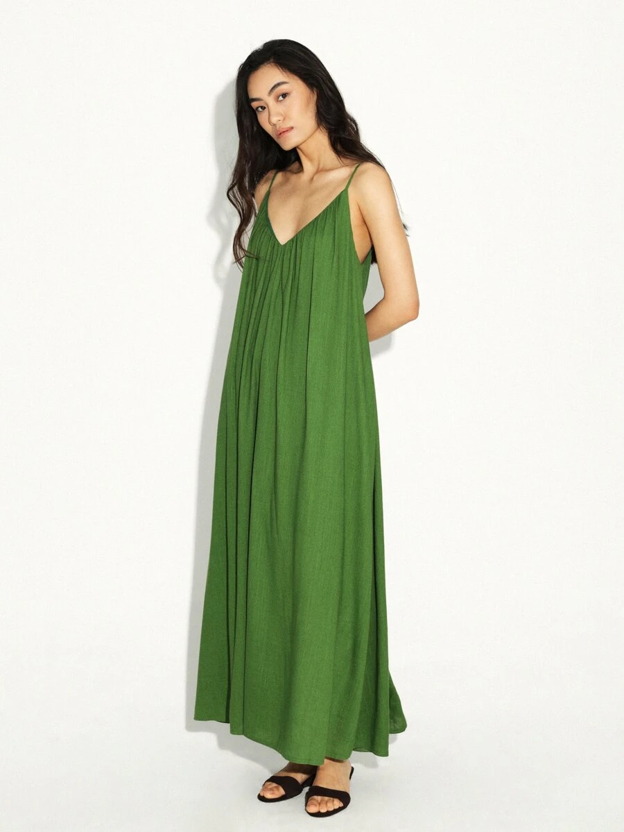 KSTM 女士绿色V领褶皱吊带长款连衣裙，无袖飘逸夏季沙滩度假休闲晚装 - 綠色 - 查看 1