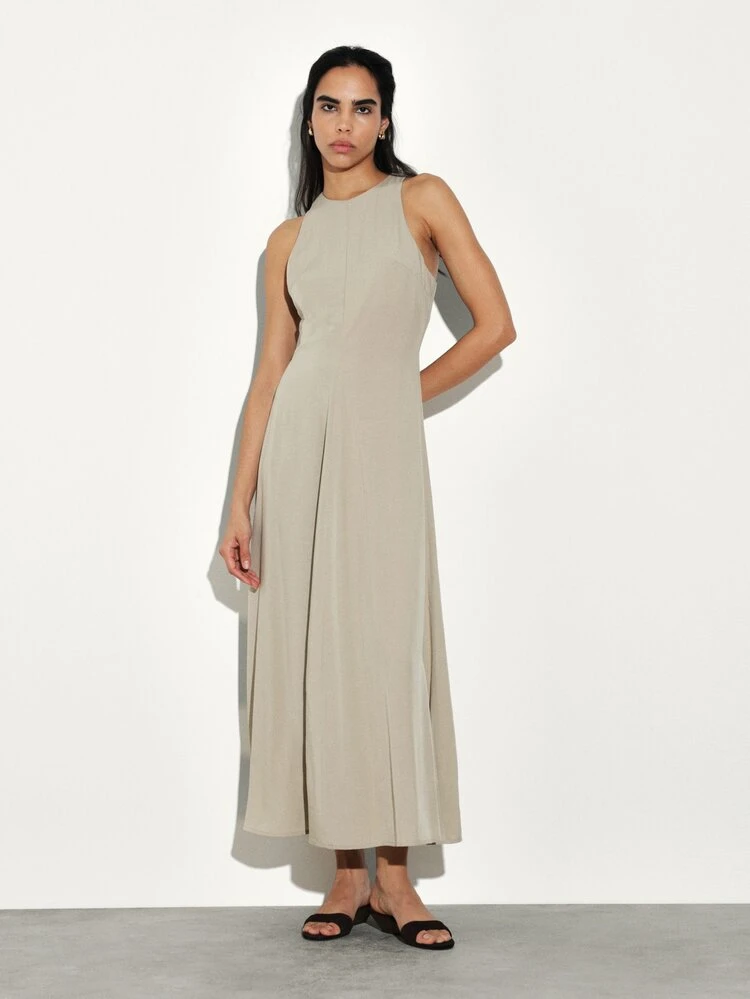 KSTM Damen ärmelloses Maxikleid mit rundem Ausschnitt, lässiges langes A-Linien Sommerkleid, fließend, knöchellang, Urlaubskleid für den Strand