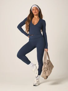 MISSGUIDED 女士高腰无缝紧身裤 藏蓝色 全长运动瑜伽裤 弹力修身运动裤 休闲运动服 - 藍色 - 查看 5