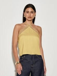 AiiRZ Mustard Yellow Halter Tank Top With Lace Detail And Cross Back Ties For Summer Casual Wear - Yellow - View 5