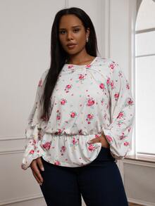 ELLERISSA Curve Elegant Twist Neck Floral Blouson Top For Women,White Pink Rose Print Peplum Blouse,Plus Size Autumn Office Wear Tea Party Long Sleeve - White - View 1