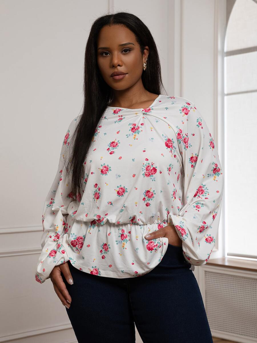 ELLERISSA Curve Elegant Twist Neck Floral Blouson Top For Women,White Pink Rose Print Peplum Blouse,Plus Size Autumn Office Wear Tea Party Long Sleeve - White - View 1