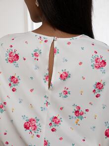 ELLERISSA Curve Elegant Twist Neck Floral Blouson Top For Women,White Pink Rose Print Peplum Blouse,Plus Size Autumn Office Wear Tea Party Long Sleeve - White - View 2
