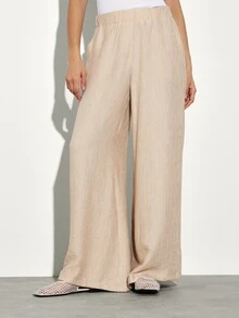 KSTM 女士亚麻质感阔腿裤 高腰飘逸夏季休闲裤 宽松版型 沙滩度假 弹性腰带 舒适轻盈透气 - 卡其色 - 查看 3