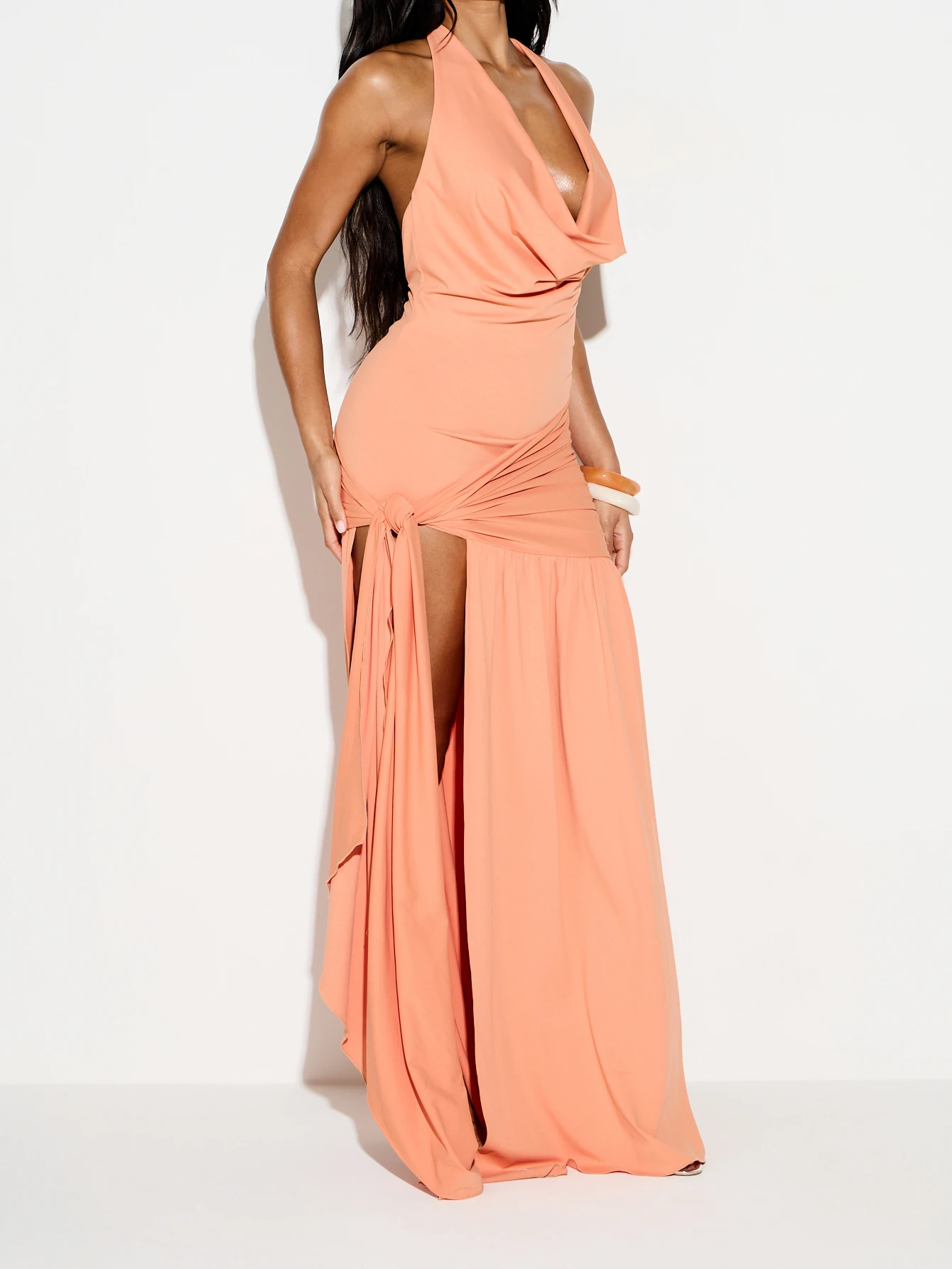 KIZN Halter Neck Tie Detail Ruched Maxi Dress