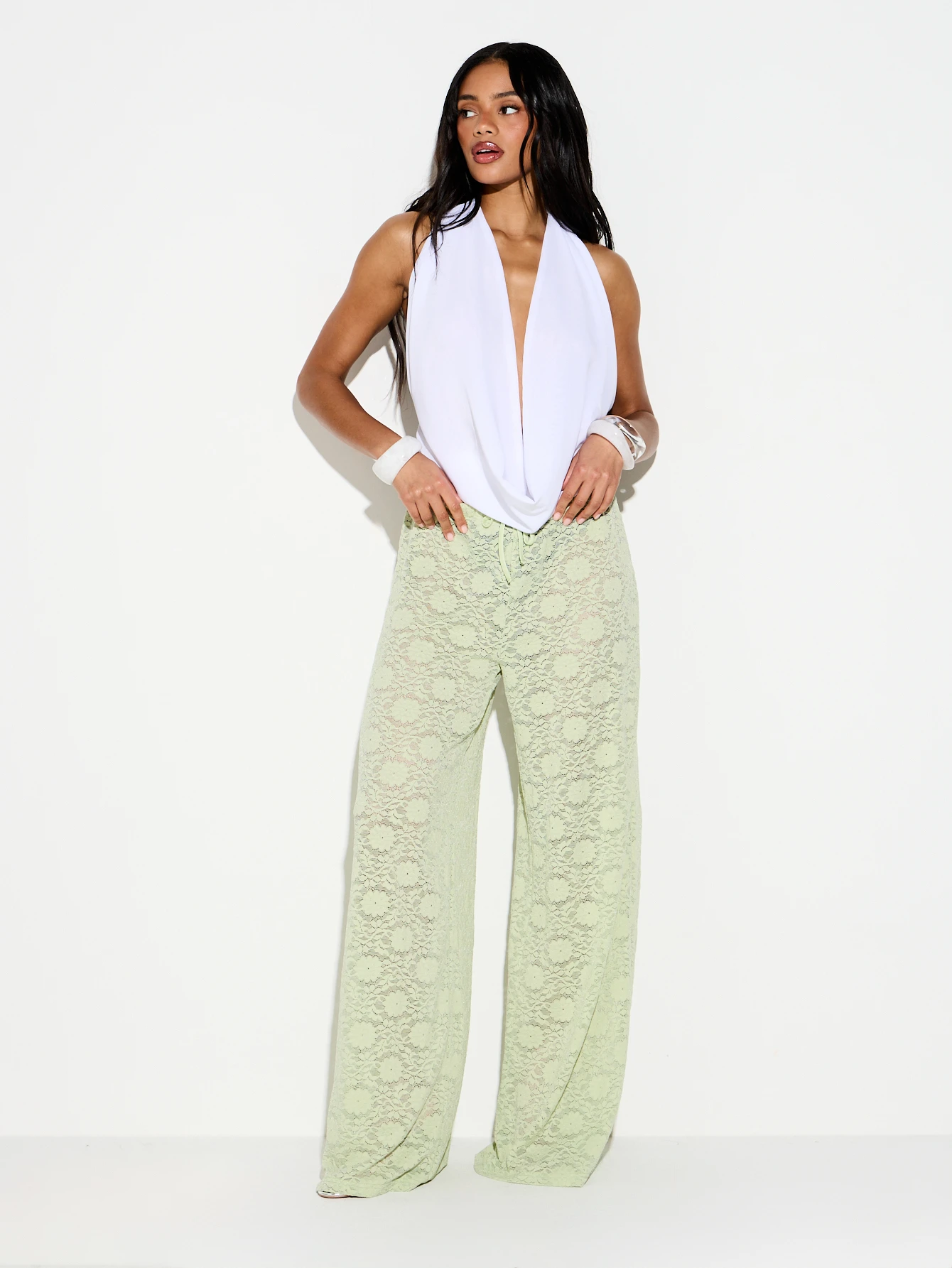 KIZN Sage Lace Wide Leg Trouser With Floral Pattern