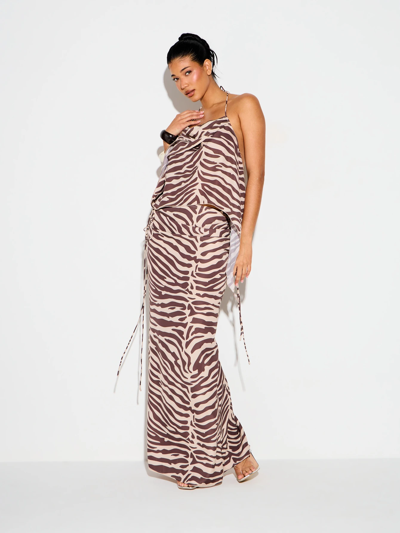 KIZN Zebra Print Mesh Maxi Skirt With Side Ties