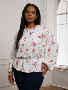 ELLERISSA Curve Elegant Twist Neck Floral Blouson Top For Women,White Pink Rose Print Peplum Blouse,Plus Size Autumn Office Wear Tea Party Long Sleeve - White - View 4