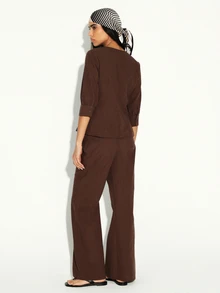 KSTM 女士巧克力棕色阔腿高腰休闲裤，直筒版型，舒适阔腿裤款式，适合秋冬季办公室穿着。 - 棕色 - 查看 2