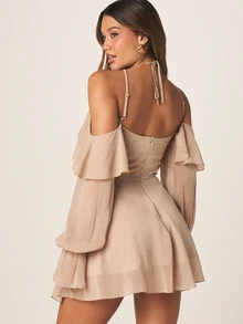 MISSGUIDED Nude Chiffon Cold Shoulder Ruffle Mini Dress With Halter Neck And Bell Sleeves For Wedding Guest Party Spring Summer - Khaki - View 3