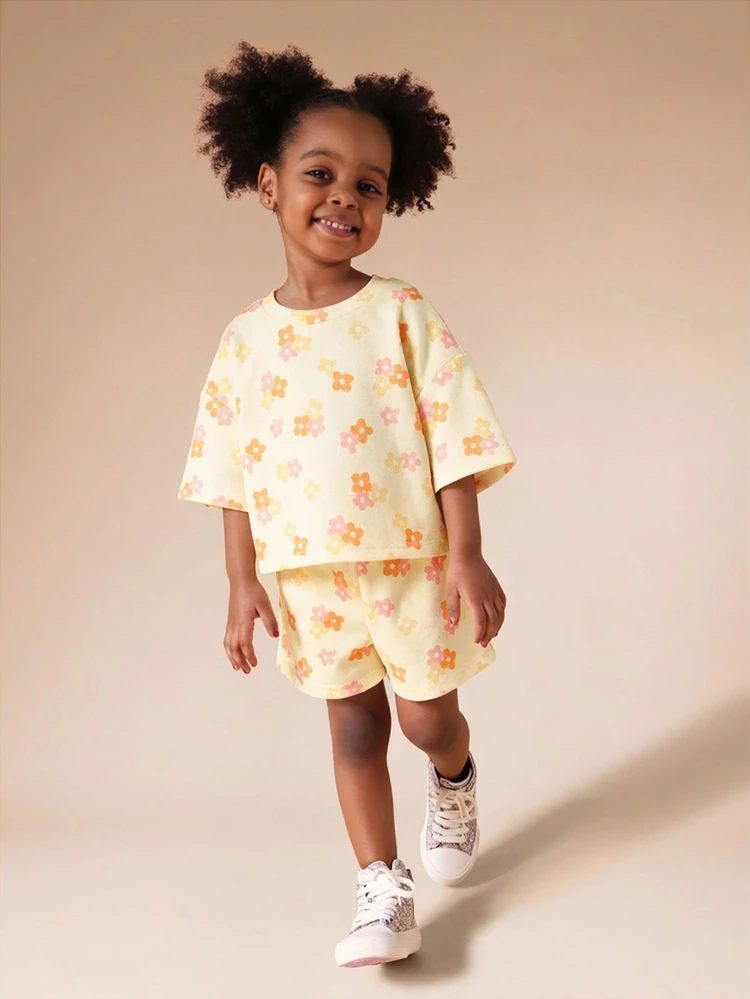 Oversized Girls Floral T-Shirt And Shorts Coordinating Set Summer Casual Daisy Print Two Piece Outfit
