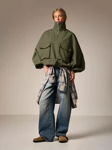 AiiRZ Women's Oversized Utility Jacket With Front Cargo Pockets And Quarter Zip Pullover Design For Casual Spring Fall Layering - Olive Green - View 3