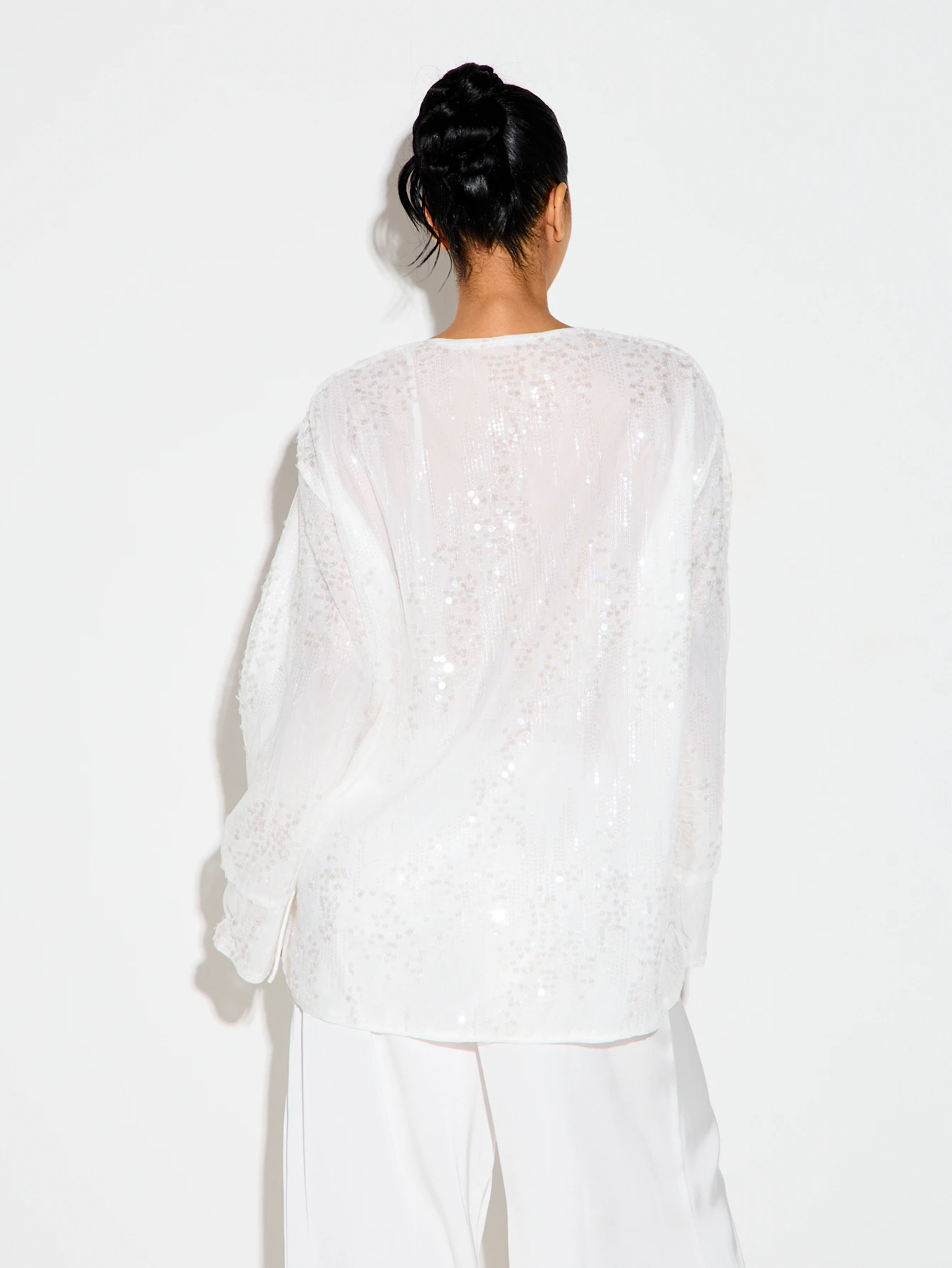 KIZN White Sequin Wrap Blouse With Deep V-Neck