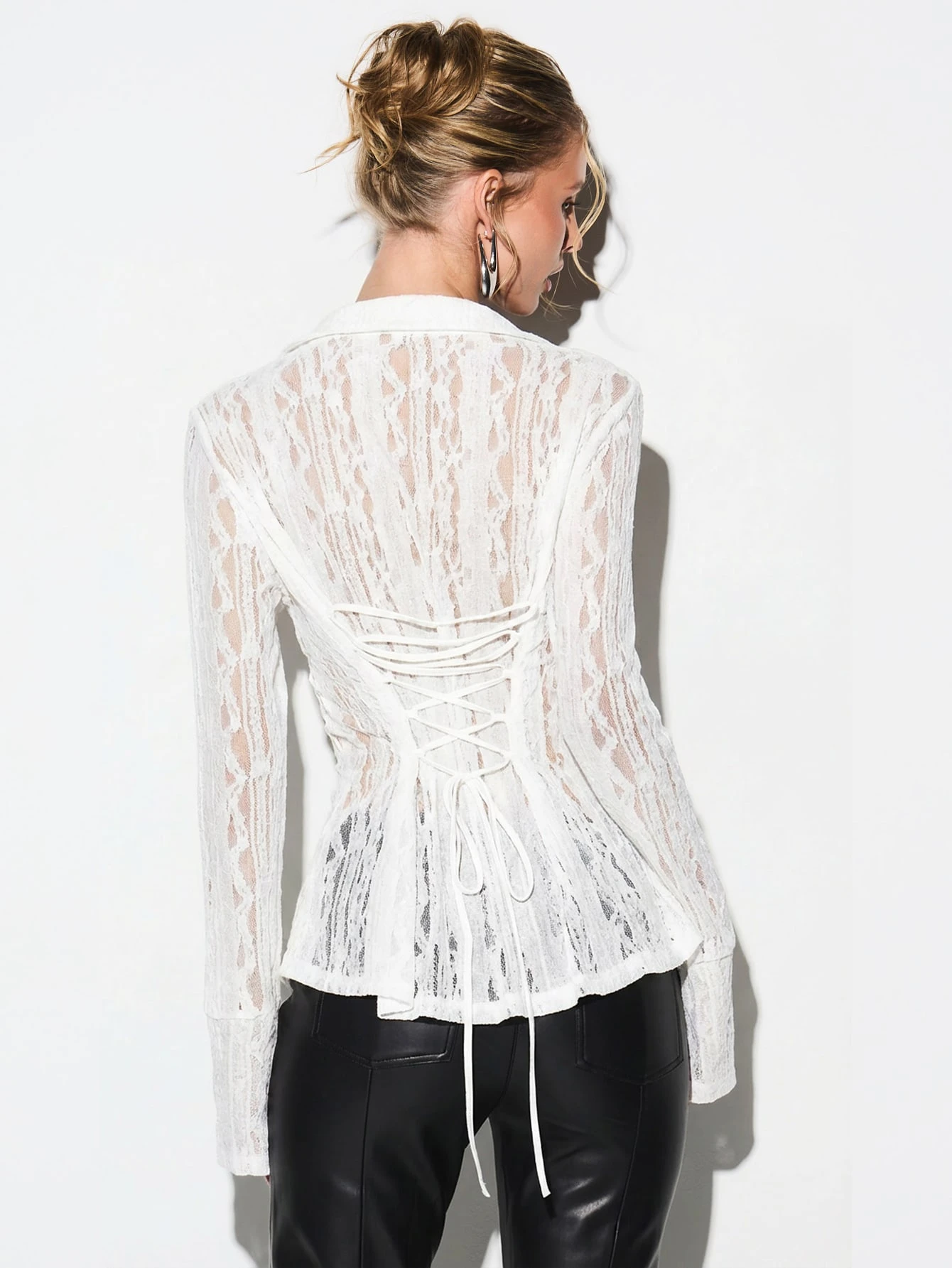 KIZN Lace Up Back Cinched Waist Sheer Blouse