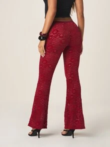 MISSGUIDED Women's Red Lace Flare Pants With Low Rise Fit And Wide Leg Bell Bottom Style - Burgundy - View 3