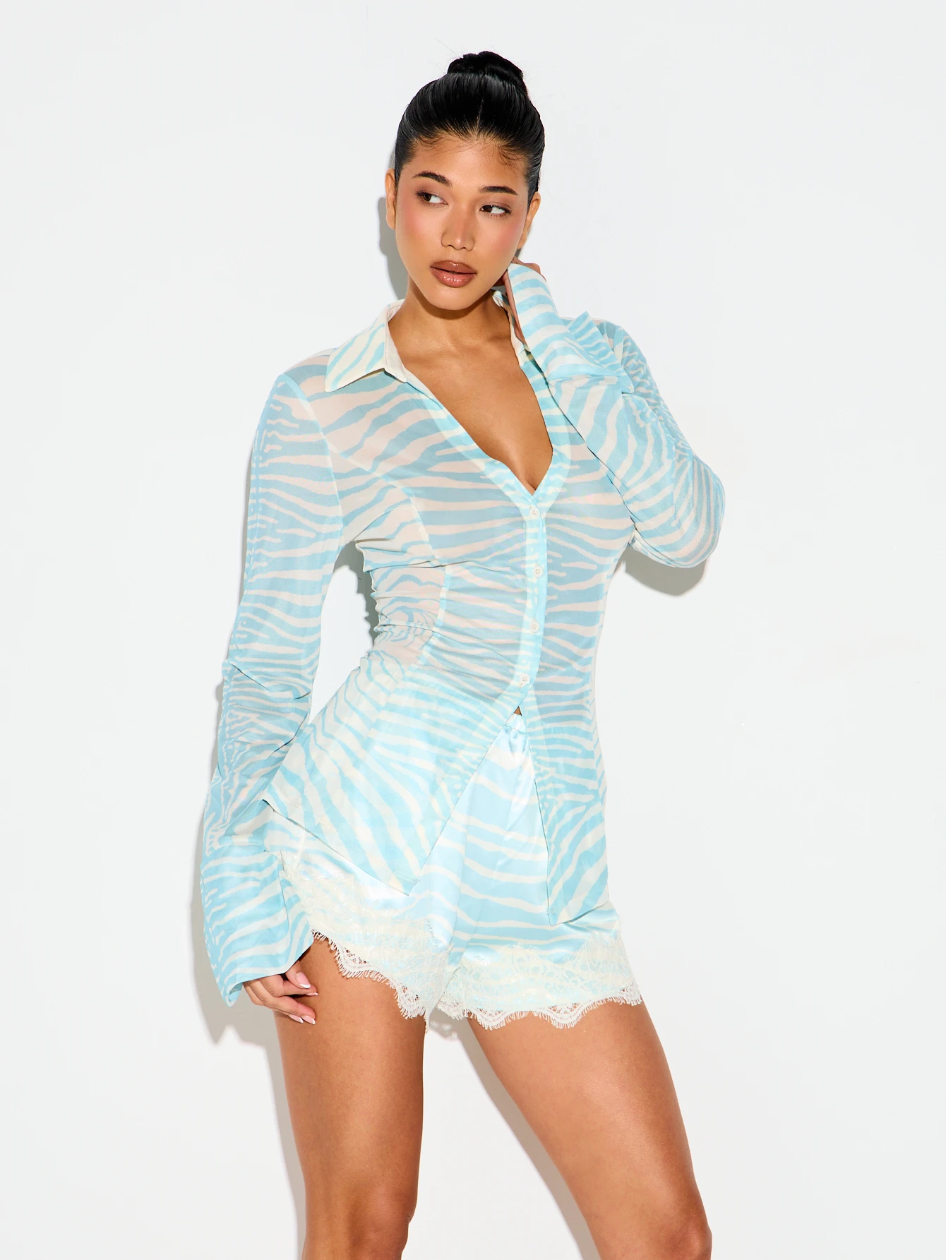 KIZN Zebra Print Button Down Shirt With Tie Back