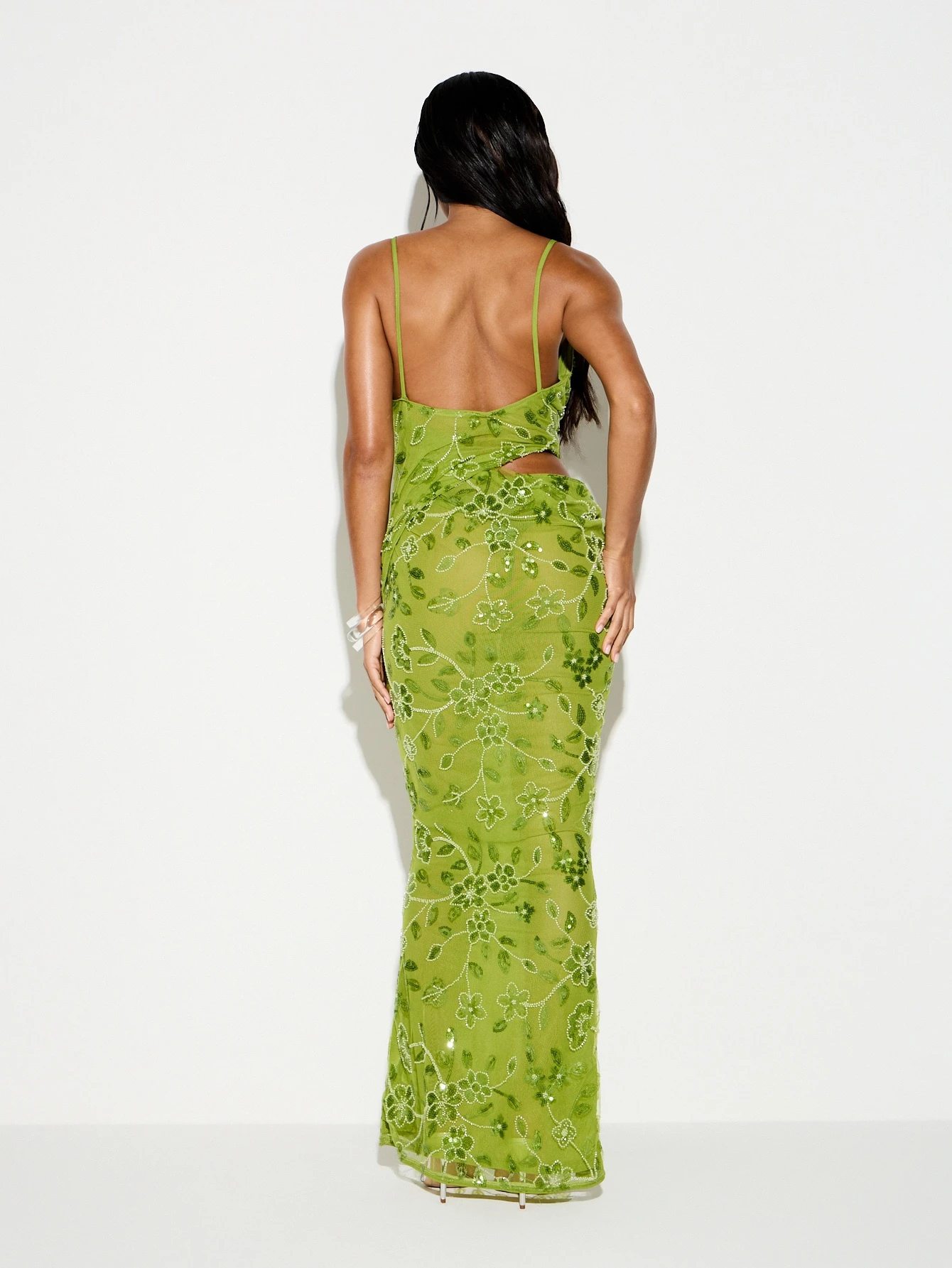 KIZN Sequined Floral Cowl Neck Cutout Maxi Dress