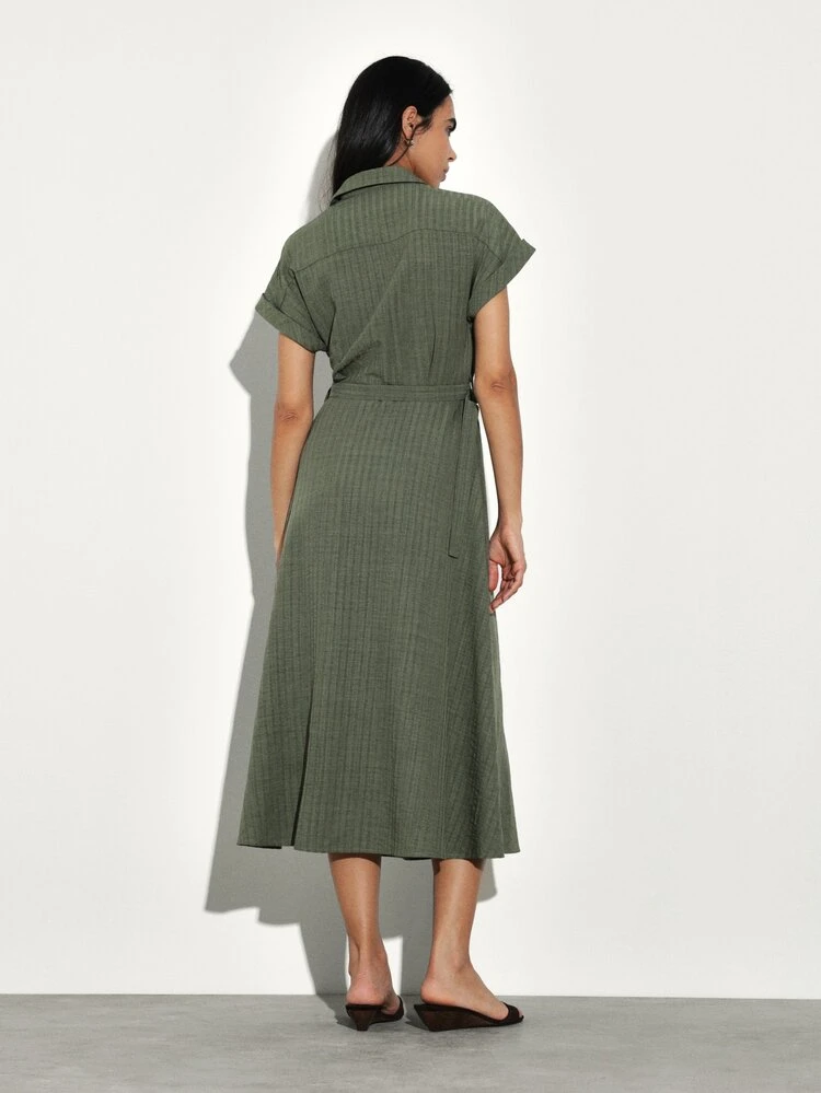KSTM Women's Olive Green Midi Shirt Dress With Button Front Collar And Belt Detail Short Sleeve Casual Summer Wear