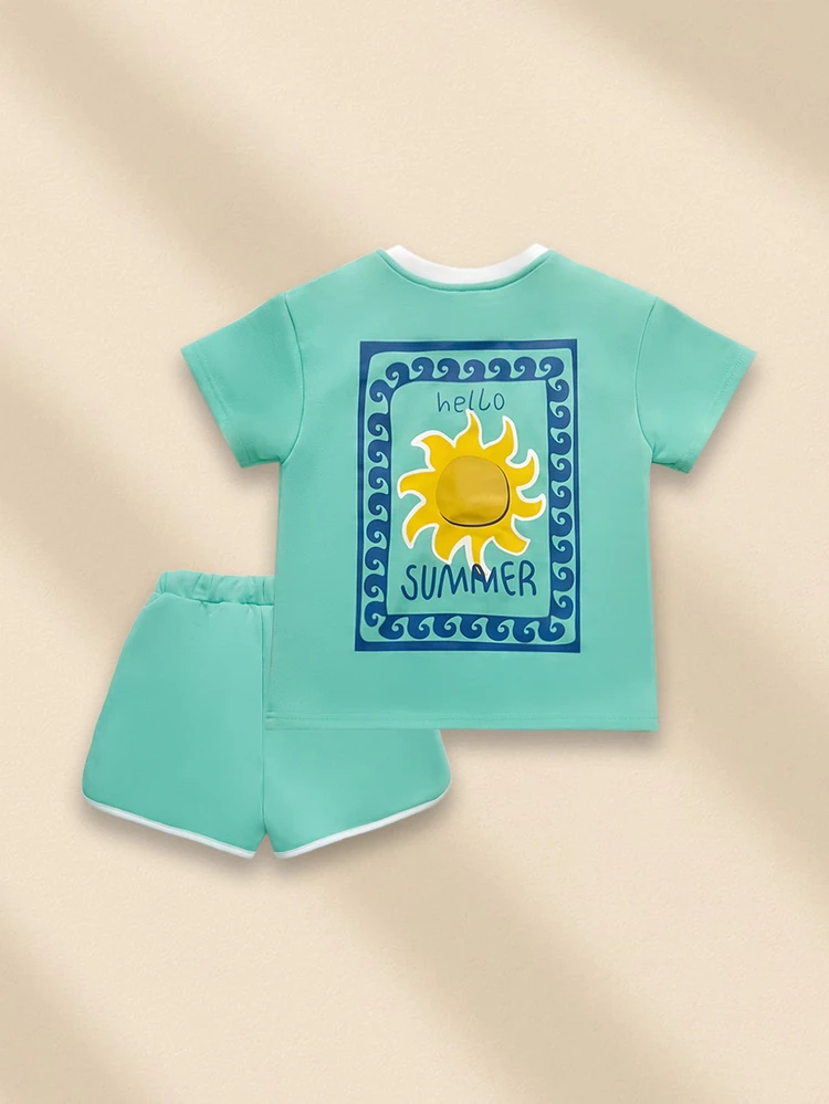 Boys Summer Hello Sun Graphic Oversized Crew Neck Short Sleeve T-Shirt And Athletic Runner Shorts Two Piece Coordinate Set