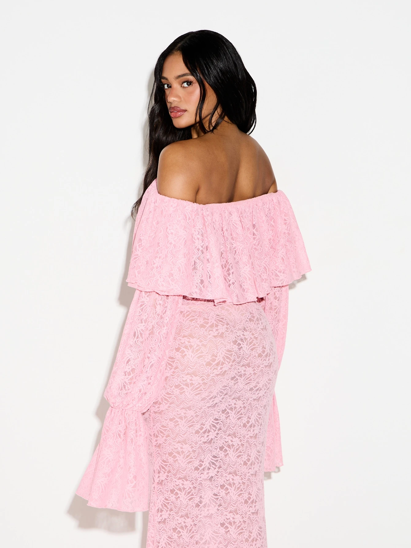 KIZN Pink Lace Off Shoulder Frill Crop Top