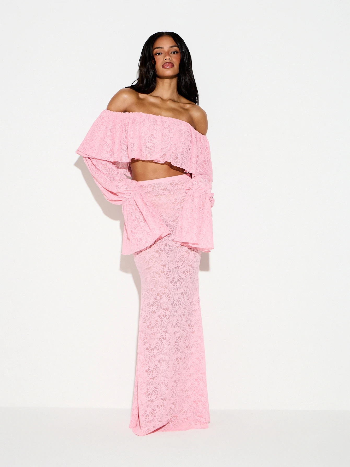 KIZN Pink Lace Off Shoulder Frill Crop Top