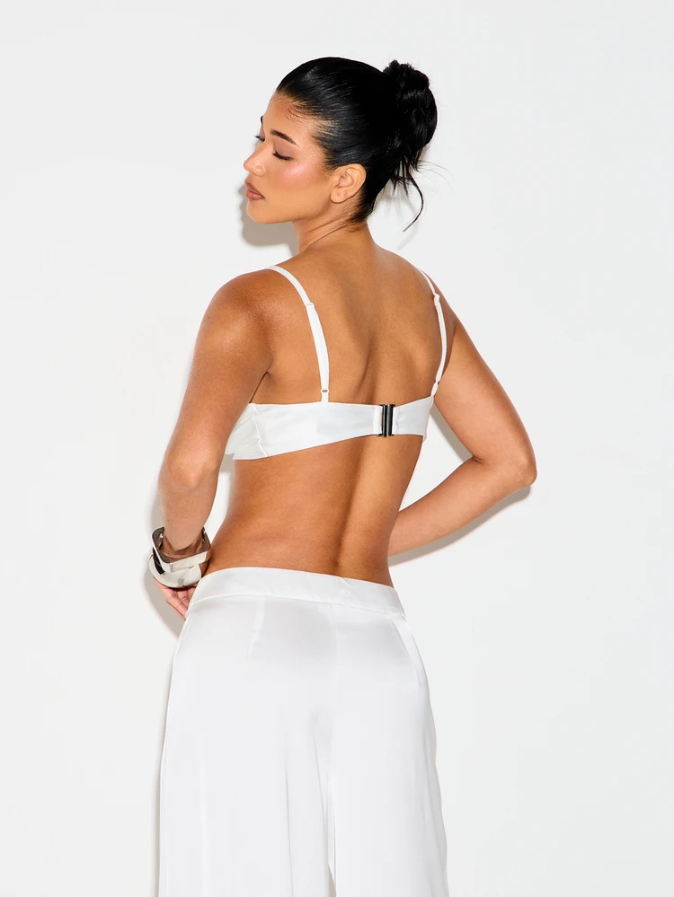 KIZN Women's Satin Bra Top Deep V Neck Triangle Bralette Crop Top With Adjustable Straps White Sleeveless Lingerie Style Top