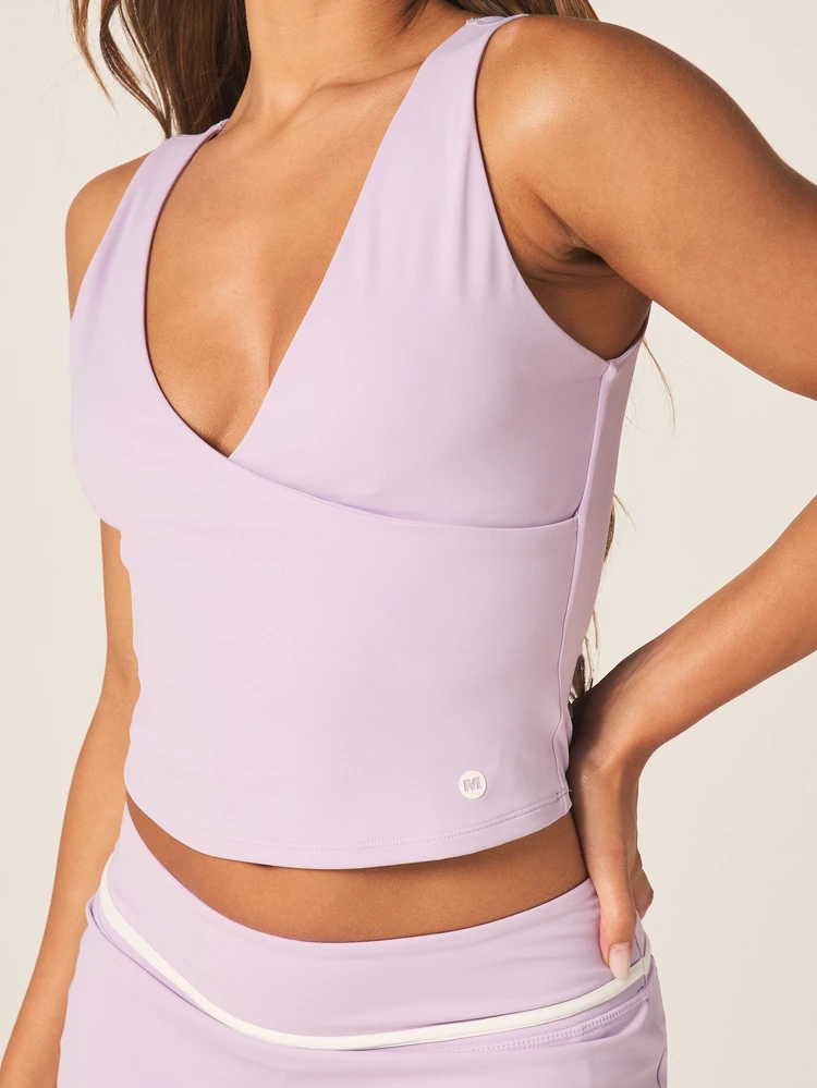 MISSGUIDED ラベンダーパープル Vネック ノースリーブ アクティブタンクトップ ラップフロント ワークアウトベスト ジムトレーニング スポーツウェア サマーフィットネスアクティブウェア