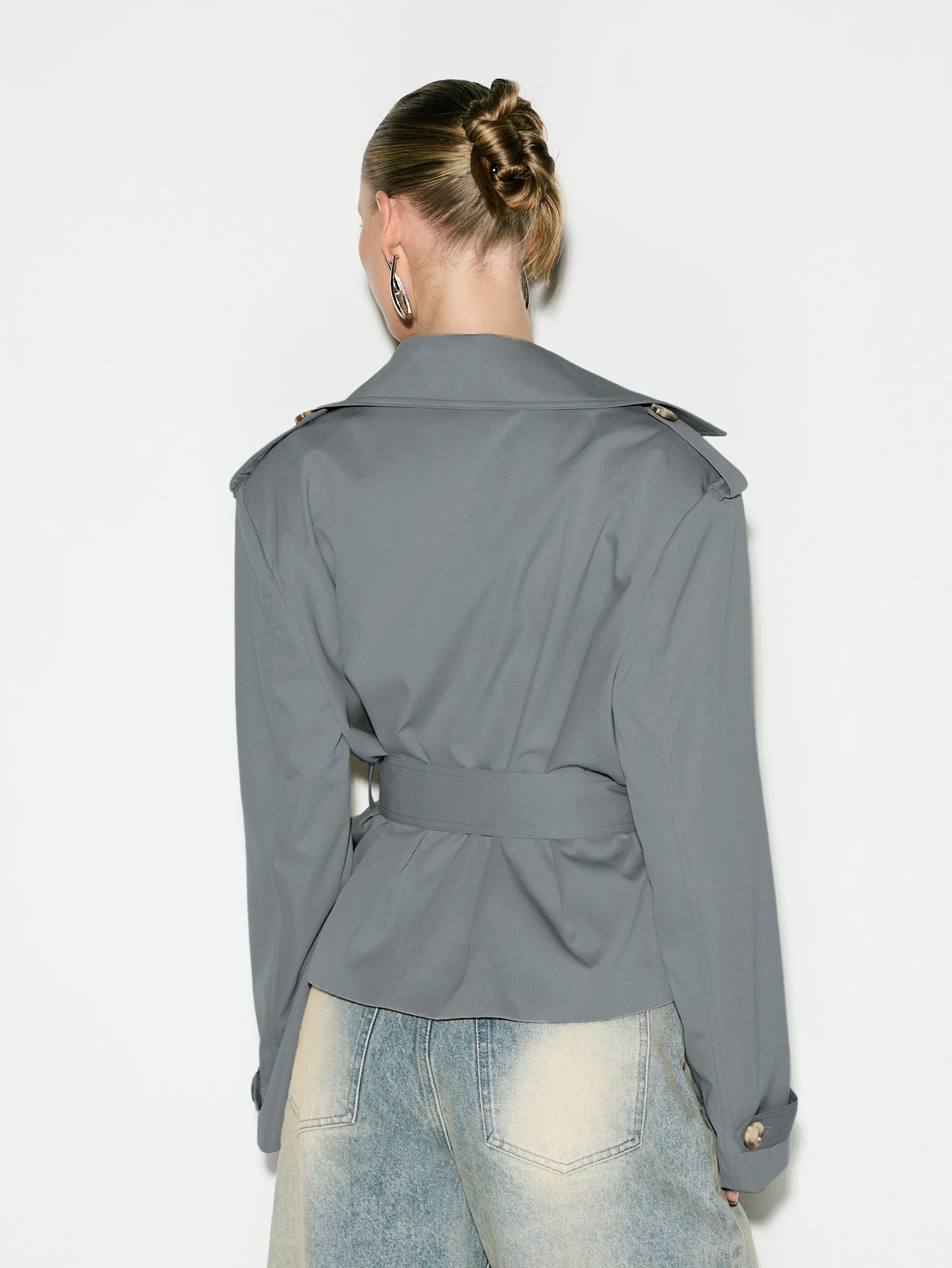 KIZN Shoulder Pad Cropped Trench With Belt