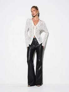 KIZN Lace Up Back Cinched Waist Long Sleeve Button Up Sheer Lace Blouse With V Neck - White - View 4