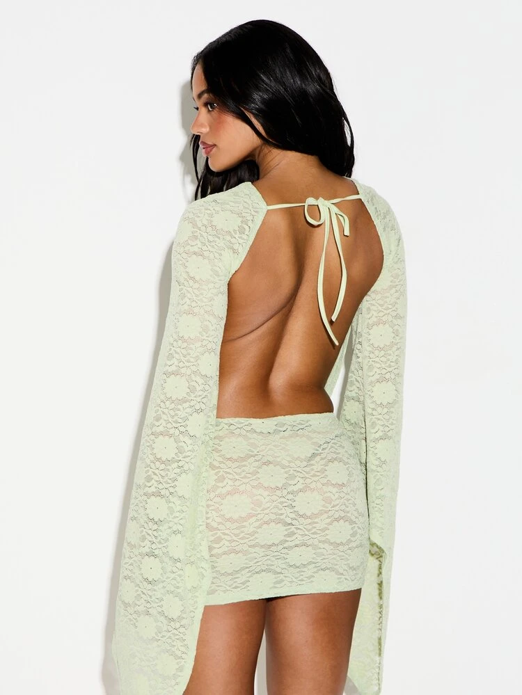 KIZN Sage Lace Deep Cowl Neck Long Flare Sleeve Mini Dress Bodycon Evening Party Backless Tie Detail
