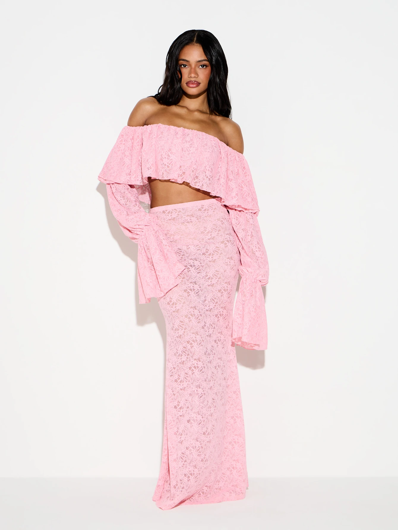 KIZN Pink Lace Fishtail Maxi Skirt With Ruffles
