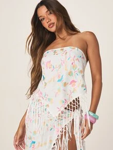 MISSGUIDED Top bandeau con bordado floral y detalles de flecos blancos con lazo en la espalda, para verano, playa y festivales, sin tirantes para mujeres - Multicolor - Ver 1