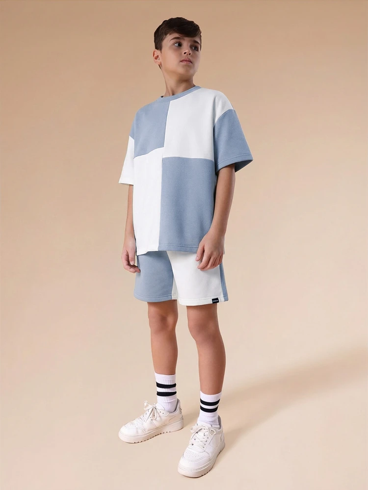 Boys Summer Colorblock T-Shirt And Shorts Co-Ord Set Oversized Short Sleeve Crew Neck Casual Tween Matching Outfit